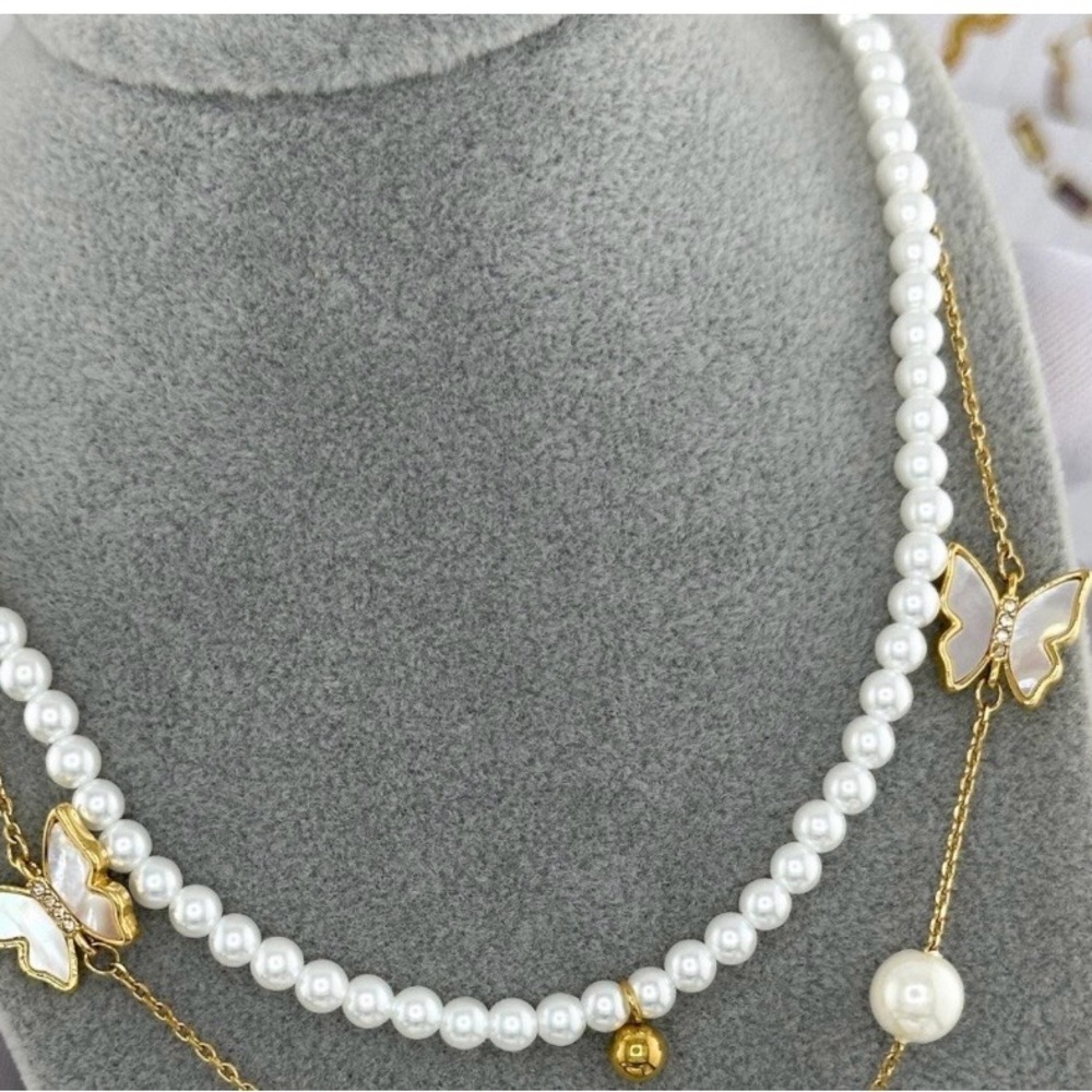 18K Gold Plated Womens Elegant Pearl Necklace w/ Gold Accent Gift Birthday Anniv - Picture 2 of 2